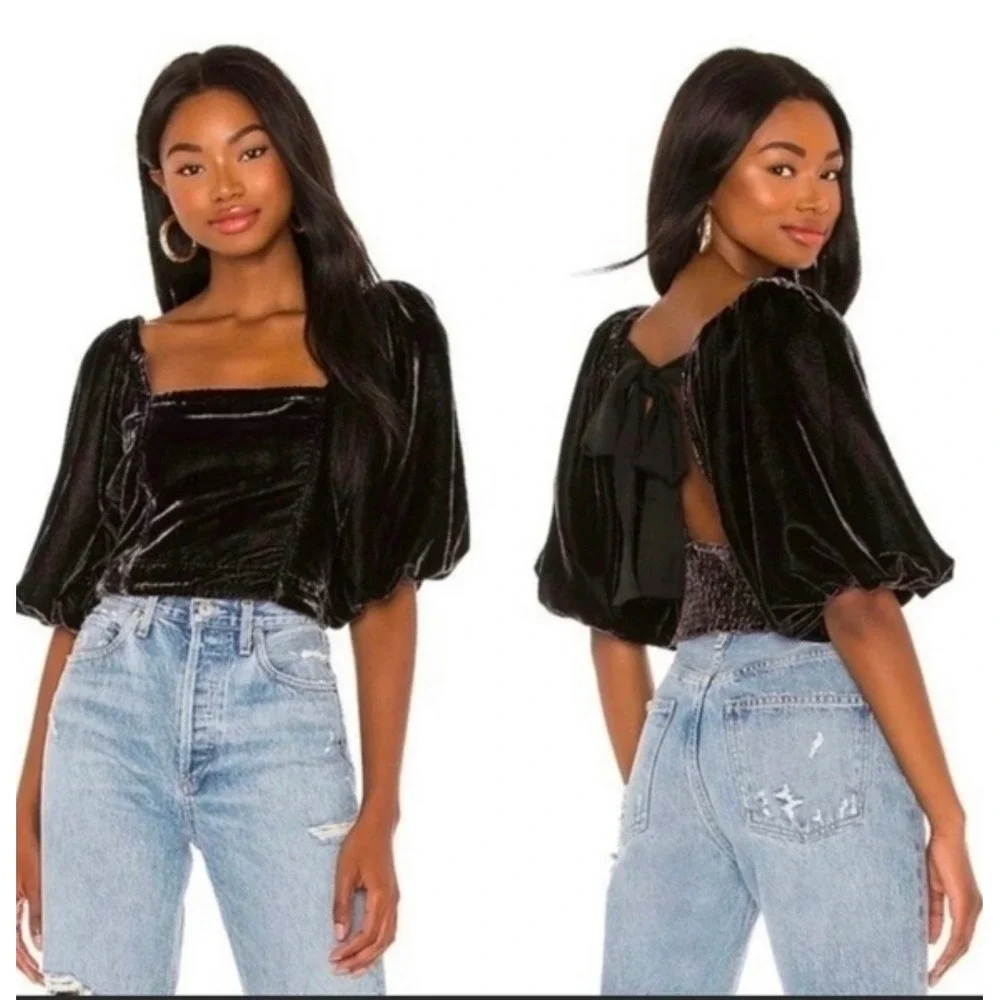 Free People Black Velvet Puff Sleeve Open Back Tie Bow Crop Top Size Medium